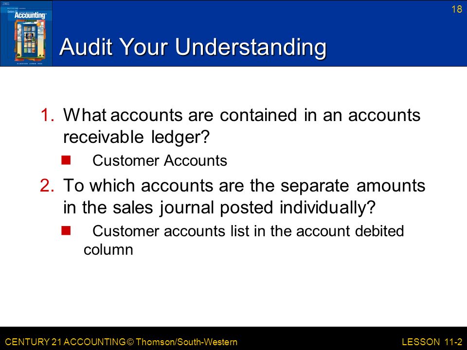 CENTURY 21 ACCOUNTING © Thomson/South-Western Audit Your Understanding 1.What accounts are contained in an accounts receivable ledger.