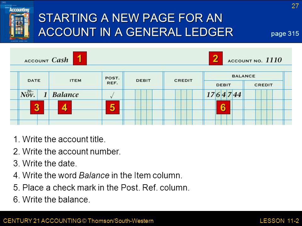 CENTURY 21 ACCOUNTING © Thomson/South-Western 27 LESSON 11-2 STARTING A NEW PAGE FOR AN ACCOUNT IN A GENERAL LEDGER page