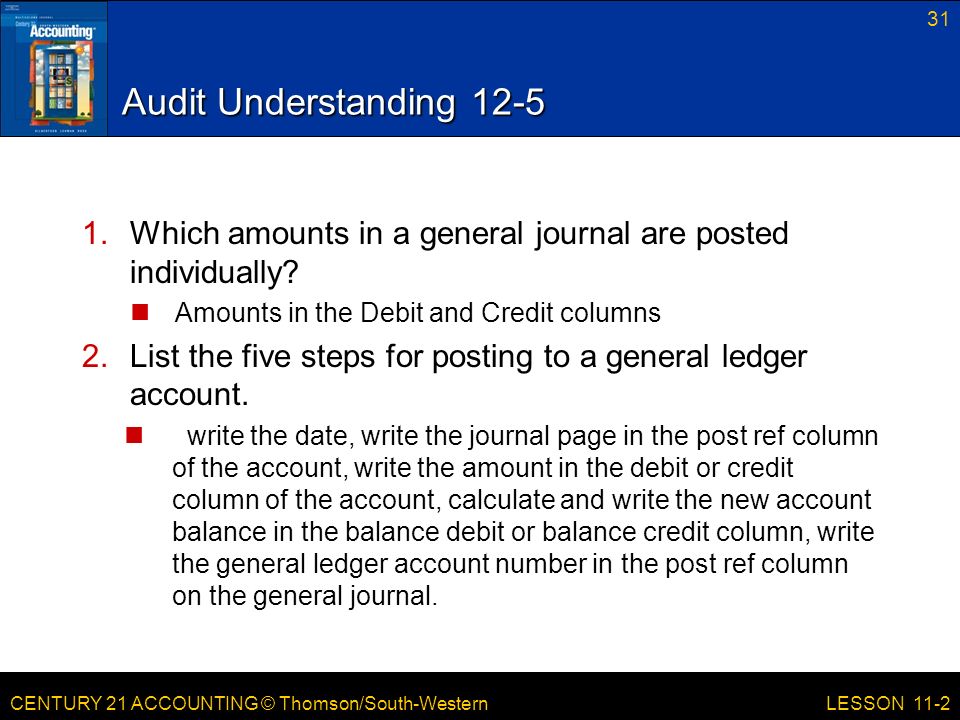 CENTURY 21 ACCOUNTING © Thomson/South-Western Audit Understanding Which amounts in a general journal are posted individually.