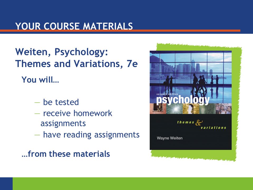 YOUR COURSE MATERIALS Weiten, Psychology: Themes and Variations, 7e You will… — be tested — receive homework assignments — have reading assignments …from these materials