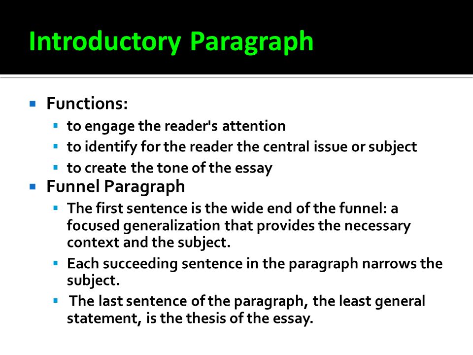 introductory paragraph of an essay The introductory paragraph should grab the reader’s attention and make him or her want to read the essay the introductory paragraph can also provide background information that is necessary for the reader to appreciate the writer’s position. introductory paragraph of an essay The introductory paragraph should grab the reader’s attention and make him or her want to read the essay the introductory paragraph can also provide background information that is necessary for the reader to appreciate the writer’s position.