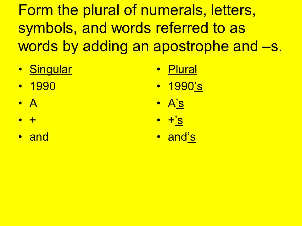 Form the plural of numerals, letters, symbols, and words referred to as words by adding an apostrophe and –s.