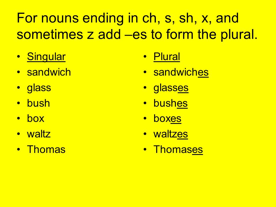 For nouns ending in ch, s, sh, x, and sometimes z add –es to form the plural.