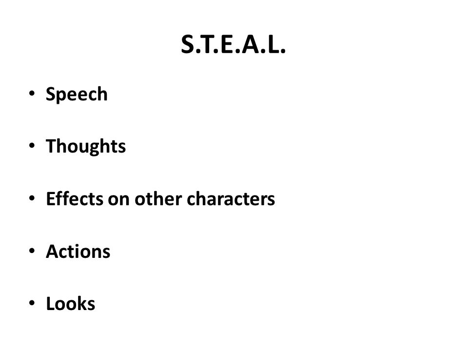 S.T.E.A.L. Speech Thoughts Effects on other characters Actions Looks