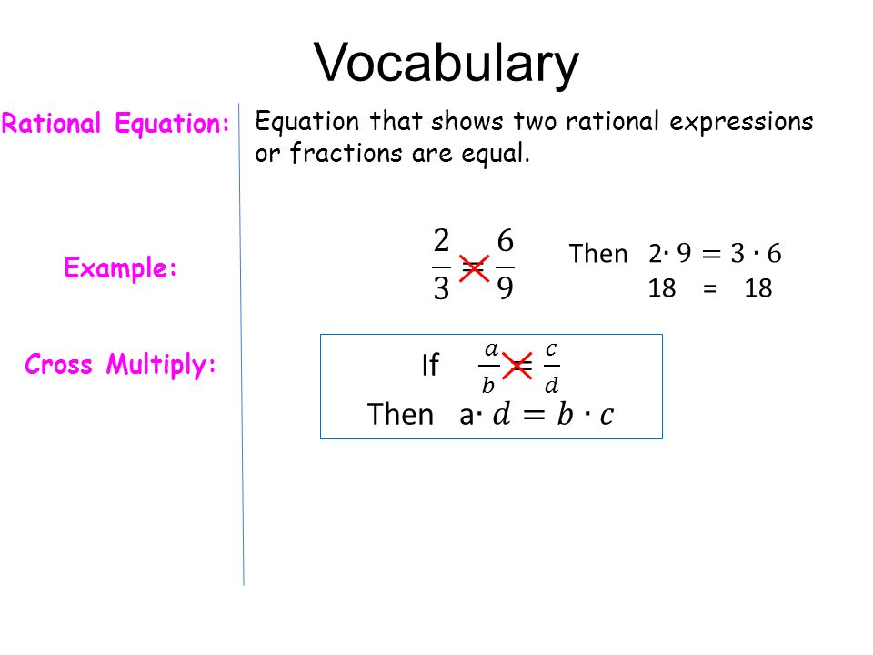 Vocabulary Rational Equation: Equation that shows two rational expressions or fractions are equal.