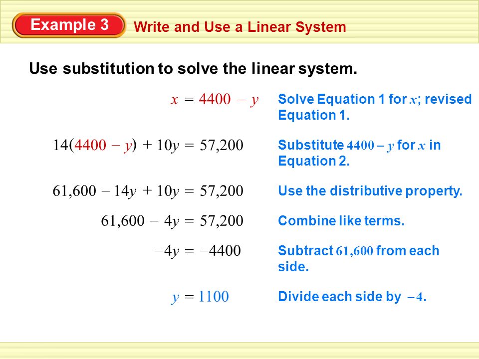 Write and Use a Linear System Example 3 Use substitution to solve the linear system.