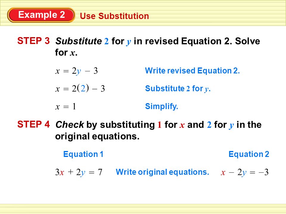 Use Substitution Example 2 STEP 3 Substitute 2 for y in revised Equation 2.