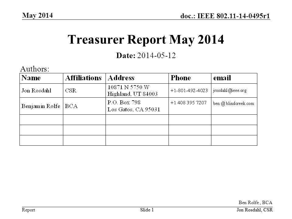 Report doc.: IEEE r1 May 2014 Jon Rosdahl, CSRSlide 1Jon Rosdahl, CSRSlide 1 Treasurer Report May 2014 Date: Authors: Ben Rolfe, BCA