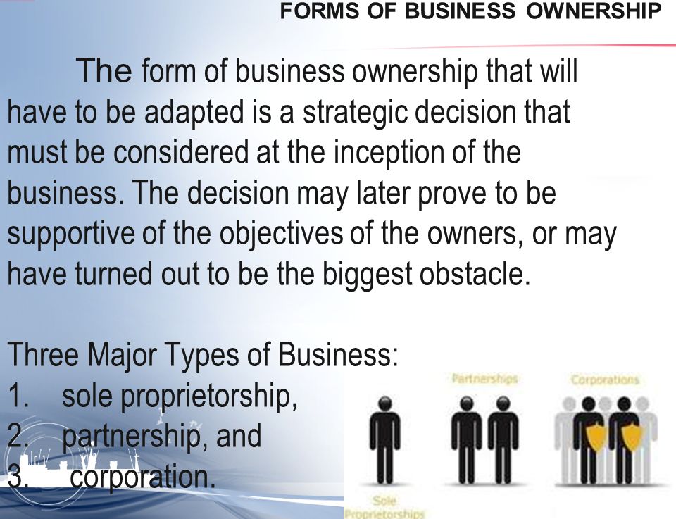 forms of business When you start a business, you must decide whether it will be a sole proprietorship, partnership, corporation, or limited liability company (llc) (if you need a brief explanation of the main business types, see nolo's article on business ownership structures) which of these forms is right for your. forms of business When you start a business, you must decide whether it will be a sole proprietorship, partnership, corporation, or limited liability company (llc) (if you need a brief explanation of the main business types, see nolo's article on business ownership structures) which of these forms is right for your.