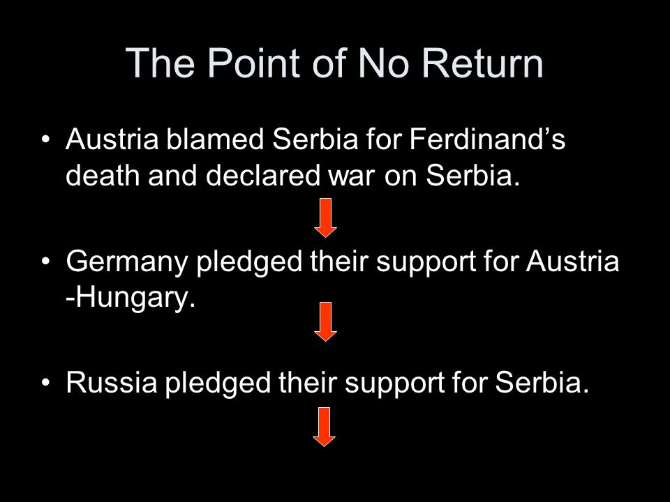 The Point of No Return Austria blamed Serbia for Ferdinand’s death and declared war on Serbia.