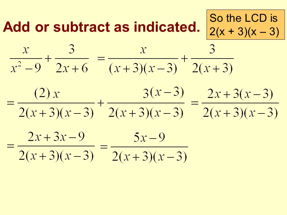 Summary of Steps 1.Factor denominators 2.Assemble LCD 3.Build up Fractions 4.Add/Subtract Numerators 5.Simplify Numerator 6.Reduce Factors if Possible