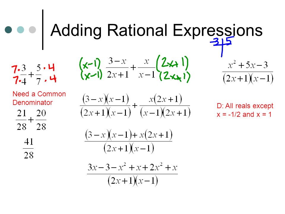 Adding Rational Expressions Need a Common Denominator D: All reals except x = -1/2 and x = 1