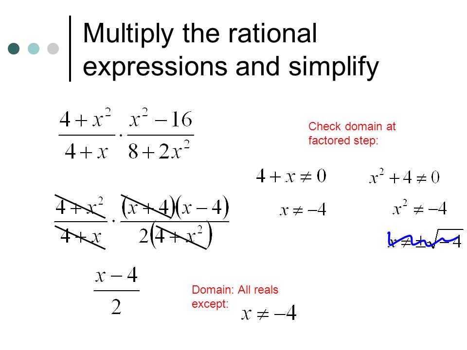 Multiply the rational expressions and simplify Check domain at factored step: Domain: All reals except: