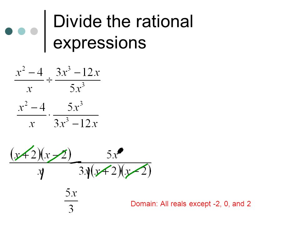 Divide the rational expressions Domain: All reals except -2, 0, and 2