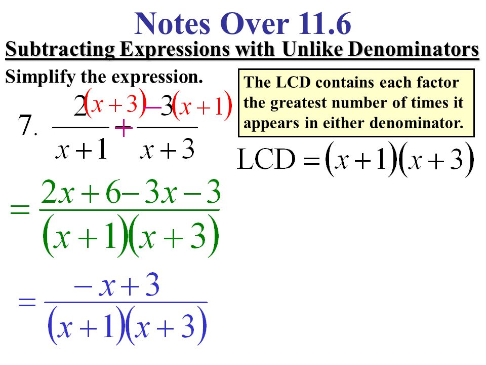 Notes Over 11.6 Subtracting Expressions with Unlike Denominators Simplify the expression.