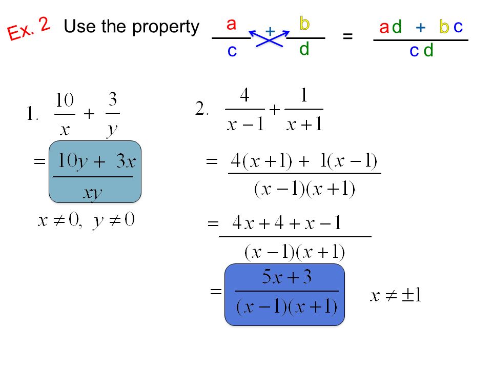 Use the property Ex. 2 a c + d = a d + c c d