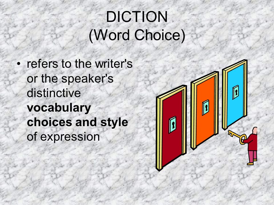 DICTION (Word Choice) refers to the writer s or the speaker s distinctive vocabulary choices and style of expression