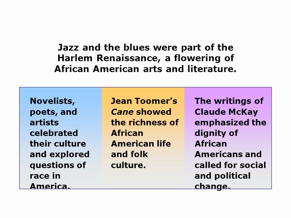 Jazz and the blues were part of the Harlem Renaissance, a flowering of African American arts and literature.