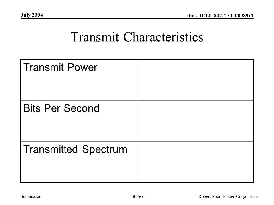 doc.: IEEE /0389r1 Submission July 2004 Robert Poor, Ember CorporationSlide 6 Transmit Characteristics Transmit Power Bits Per Second Transmitted Spectrum