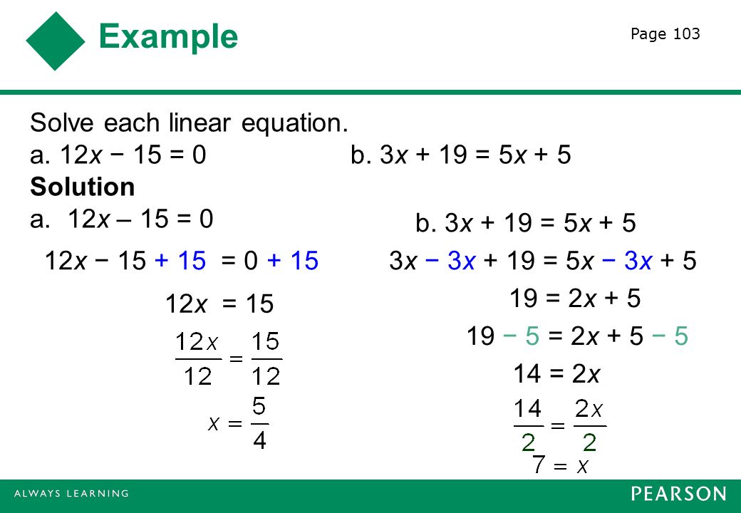 Example Solve each linear equation. a. 12x − 15 = 0 b.