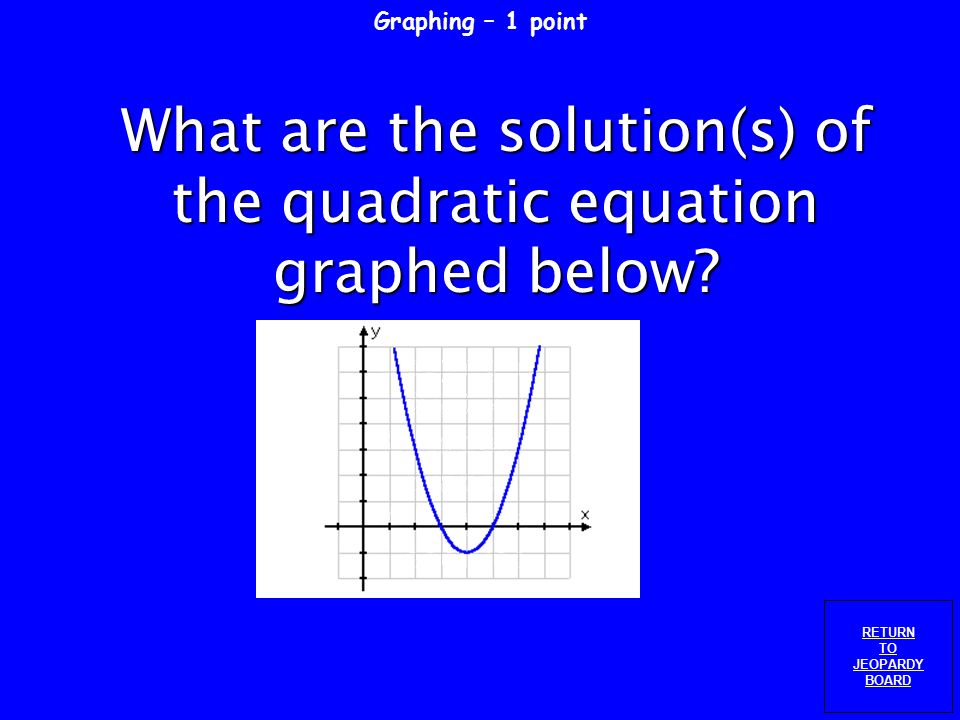 Graphing Quadratics – 5 points RETURN TO JEOPARDY BOARD Describe how to tell if a graph of a quadratic equation will have a maximum or minimum.