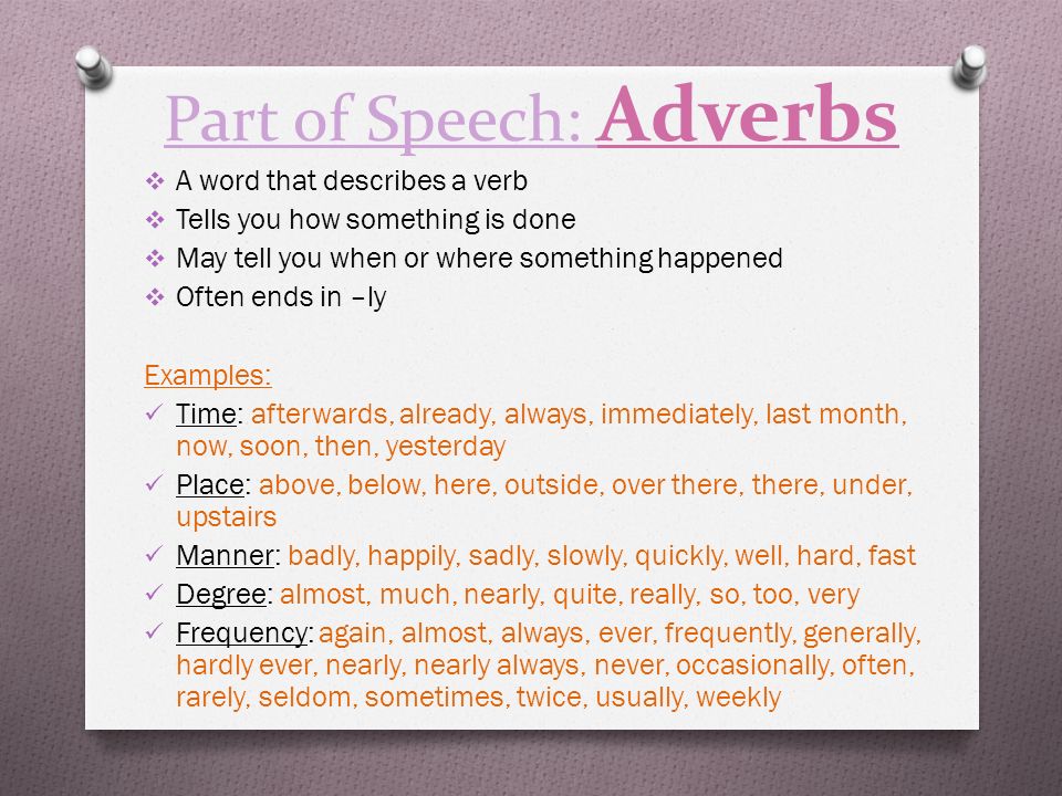 Part of Speech: Adverbs  A word that describes a verb  Tells you how something is done  May tell you when or where something happened  Often ends in –ly Examples: Time: afterwards, already, always, immediately, last month, now, soon, then, yesterday Place: above, below, here, outside, over there, there, under, upstairs Manner: badly, happily, sadly, slowly, quickly, well, hard, fast Degree: almost, much, nearly, quite, really, so, too, very Frequency: again, almost, always, ever, frequently, generally, hardly ever, nearly, nearly always, never, occasionally, often, rarely, seldom, sometimes, twice, usually, weekly