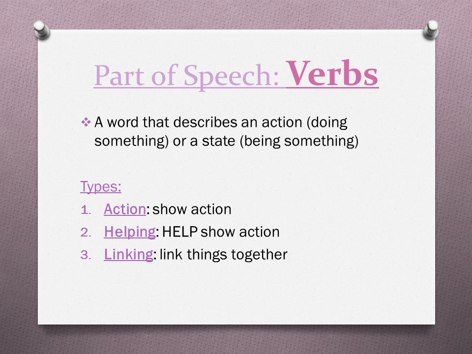 Part of Speech: Verbs  A word that describes an action (doing something) or a state (being something) Types: 1.