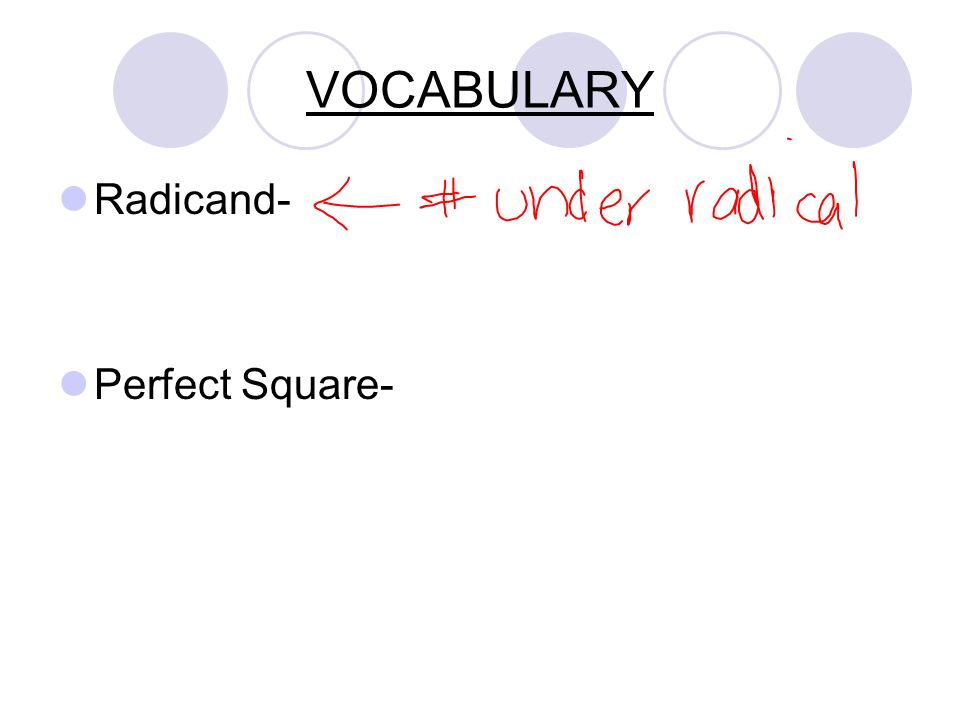 VOCABULARY Radicand- Perfect Square-