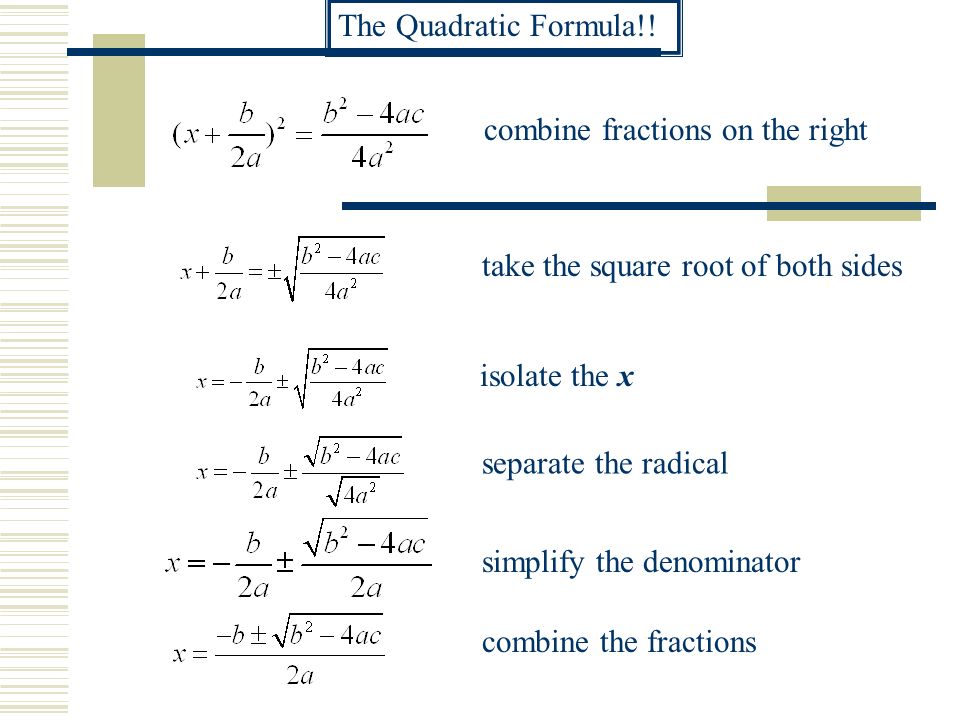 Deriving the Quadratic Formula ax 2 + bx + c = 0 isolate x’s on one sideax 2 + bx = -c divide each term by a complete the square write as a binomial square find common denominator Given