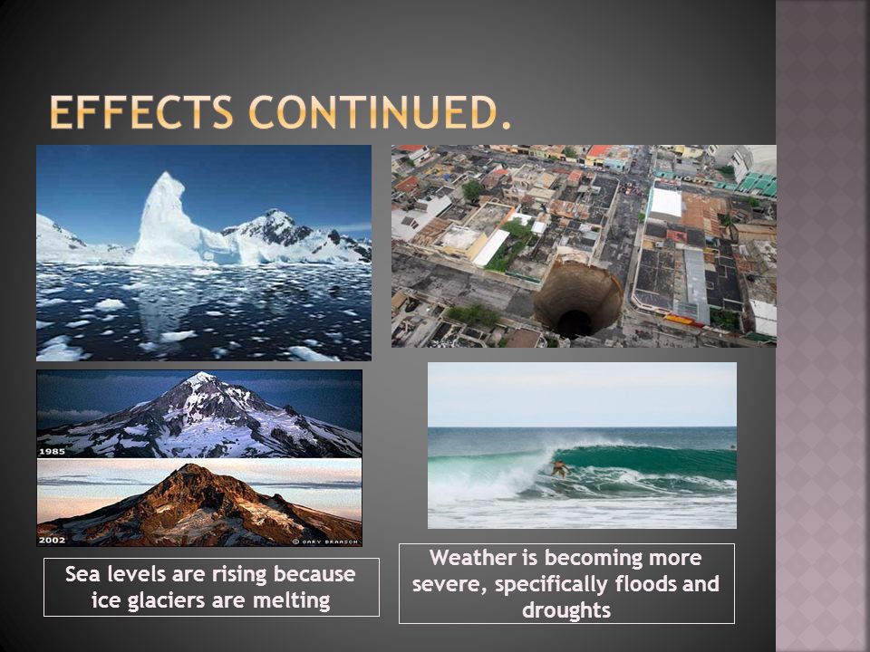 Sea levels are rising because ice glaciers are melting Weather is becoming more severe, specifically floods and droughts