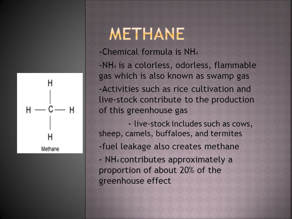 -Chemical formula is NH 4 -NH 4 is a colorless, odorless, flammable gas which is also known as swamp gas -Activities such as rice cultivation and live-stock contribute to the production of this greenhouse gas - live-stock includes such as cows, sheep, camels, buffaloes, and termites -fuel leakage also creates methane - NH 4 contributes approximately a proportion of about 20% of the greenhouse effect
