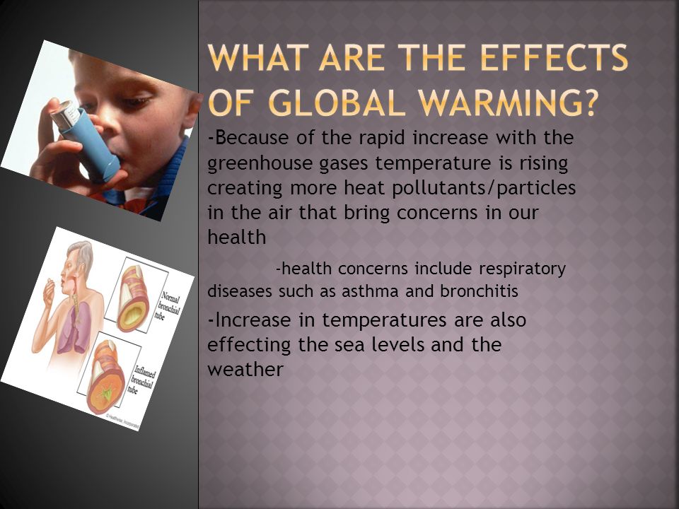 -Because of the rapid increase with the greenhouse gases temperature is rising creating more heat pollutants/particles in the air that bring concerns in our health -health concerns include respiratory diseases such as asthma and bronchitis -Increase in temperatures are also effecting the sea levels and the weather