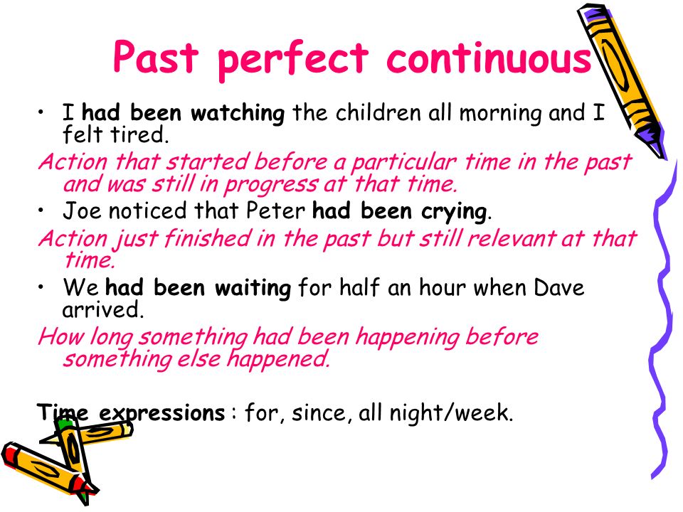 Past perfect continuous I had been watching the children all morning and I felt tired.
