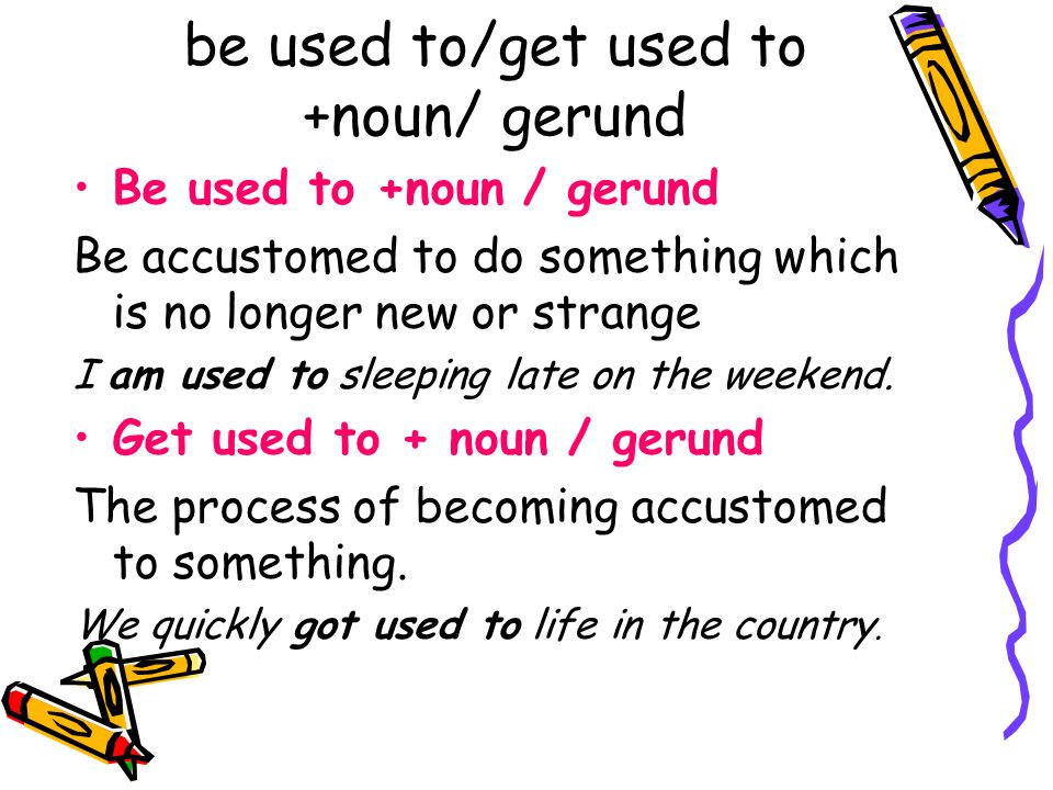 be used to/get used to +noun/ gerund Be used to +noun / gerund Be accustomed to do something which is no longer new or strange I am used to sleeping late on the weekend.