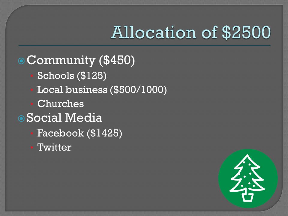  Community ($450) Schools ($125) Local business ($500/1000) Churches  Social Media Facebook ($1425) Twitter