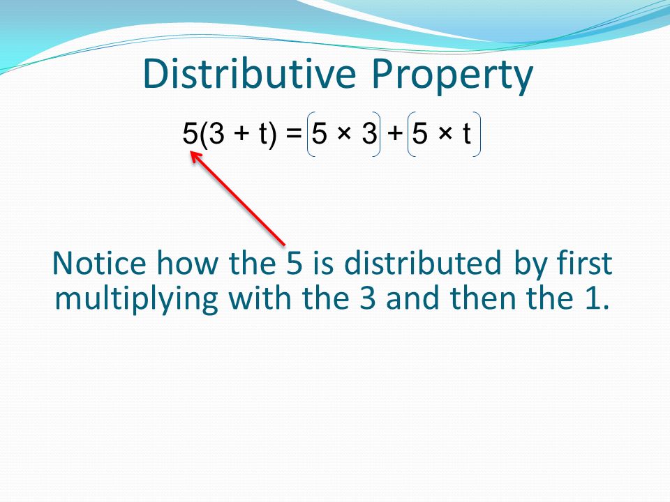 Distributive Property 5(3 + t) = 5 × × t Notice how the 5 is distributed by first multiplying with the 3 and then the 1.