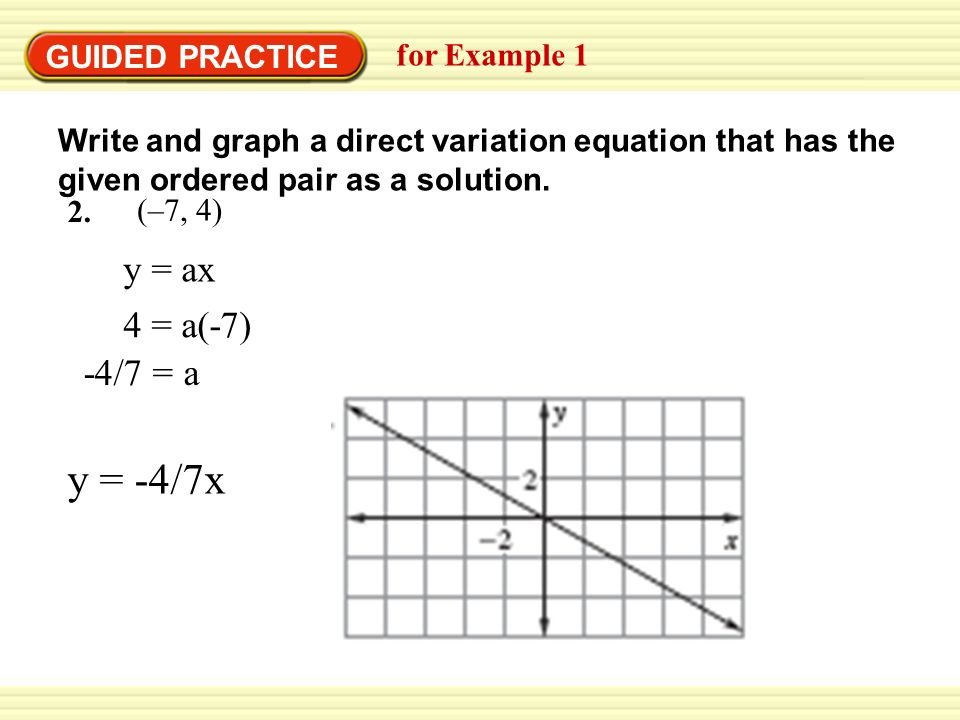 GUIDED PRACTICE for Example 1 Write and graph a direct variation equation that has the given ordered pair as a solution.