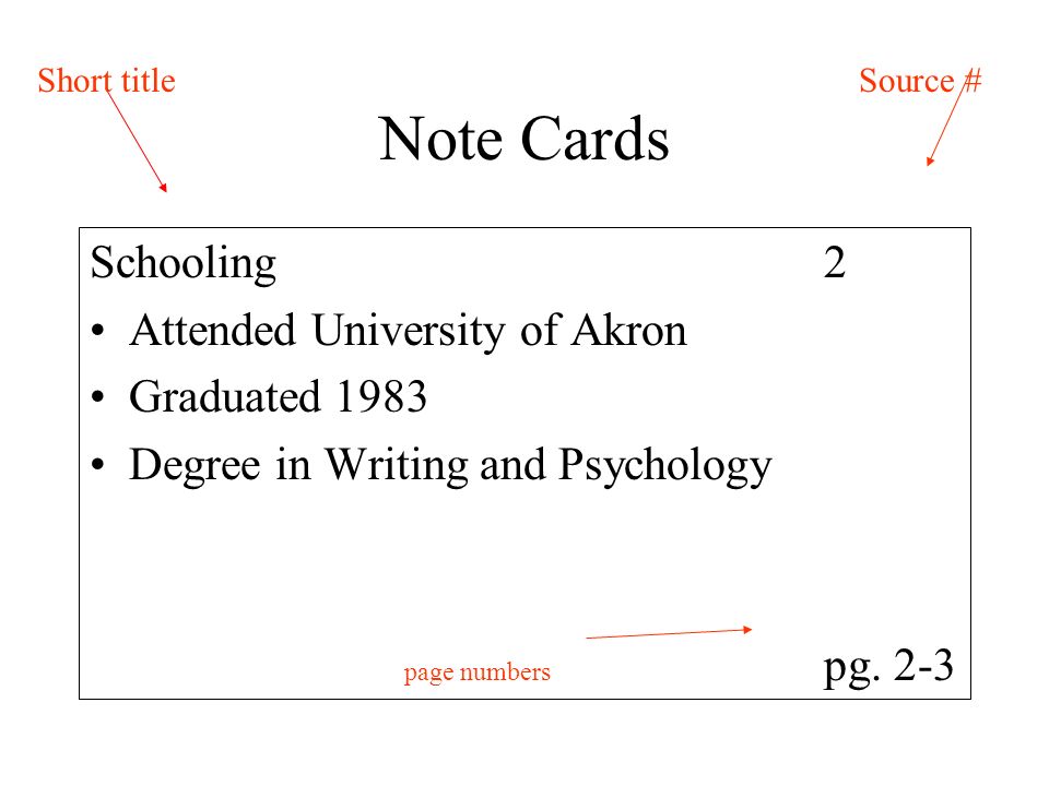 Note Cards Schooling 2 Attended University of Akron Graduated 1983 Degree in Writing and Psychology page numbers pg.