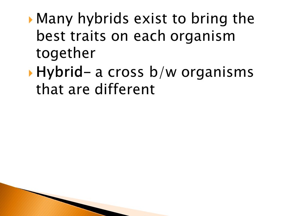  Many hybrids exist to bring the best traits on each organism together  Hybrid- a cross b/w organisms that are different