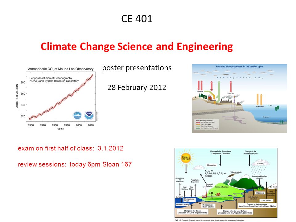 CE 401 Climate Change Science and Engineering poster presentations 28 February 2012 exam on first half of class: review sessions: today 6pm Sloan 167