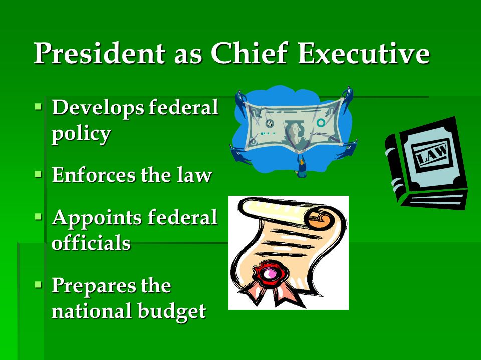 President as Chief Executive  Develops federal policy  Enforces the law  Appoints federal officials  Prepares the national budget
