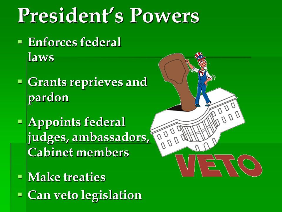 President’s Powers  Enforces federal laws  Grants reprieves and pardon  Appoints federal judges, ambassadors, Cabinet members  Make treaties  Can veto legislation