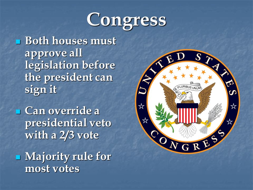 Congress Both houses must approve all legislation before the president can sign it Both houses must approve all legislation before the president can sign it Can override a presidential veto with a 2/3 vote Can override a presidential veto with a 2/3 vote Majority rule for most votes Majority rule for most votes