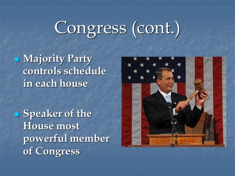 Congress (cont.) Majority Party controls schedule in each house Majority Party controls schedule in each house Speaker of the House most powerful member of Congress Speaker of the House most powerful member of Congress