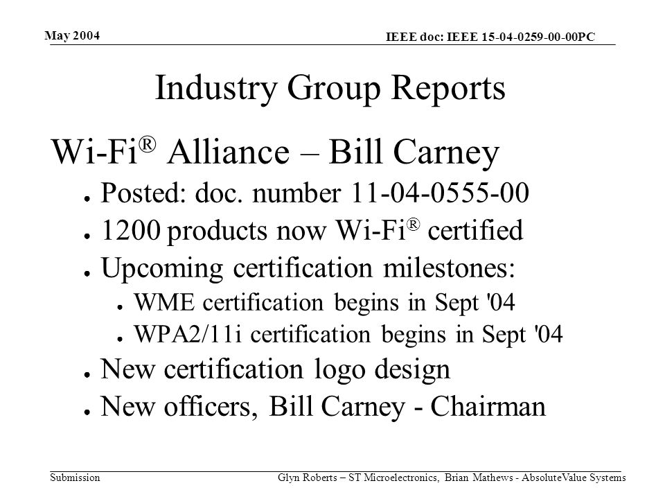 May 2004 Glyn Roberts – ST Microelectronics, Brian Mathews - AbsoluteValue Systems IEEE doc: IEEE PC Submission Industry Group Reports Wi-Fi ® Alliance – Bill Carney ● Posted: doc.