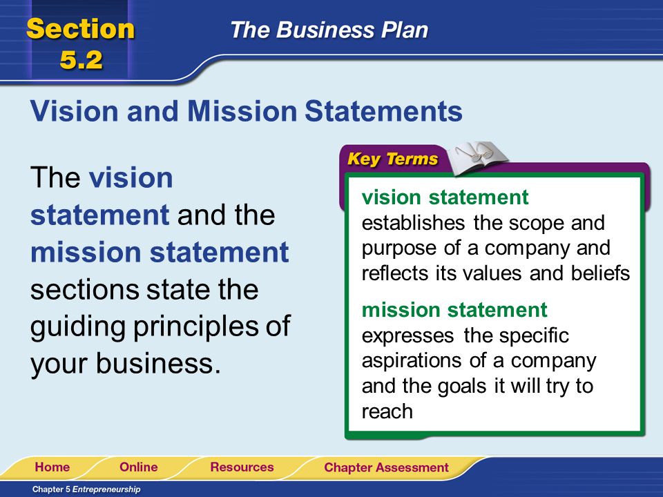 Vision and Mission Statements The vision statement and the mission statement sections state the guiding principles of your business.