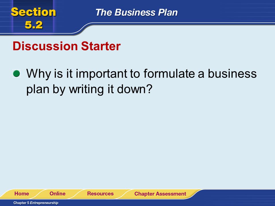 Discussion Starter Why is it important to formulate a business plan by writing it down