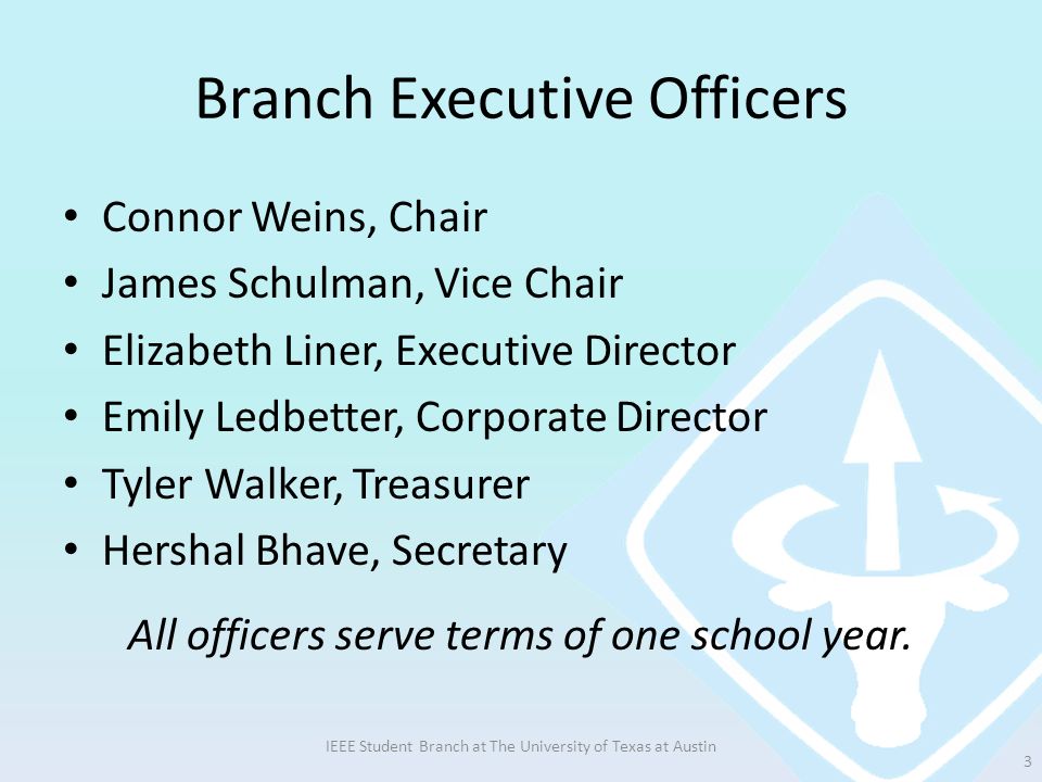 Branch Executive Officers Connor Weins, Chair James Schulman, Vice Chair Elizabeth Liner, Executive Director Emily Ledbetter, Corporate Director Tyler Walker, Treasurer Hershal Bhave, Secretary All officers serve terms of one school year.