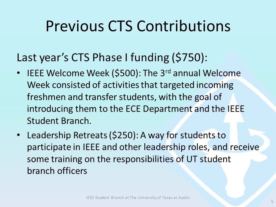Previous CTS Contributions Last year’s CTS Phase I funding ($750): IEEE Welcome Week ($500): The 3 rd annual Welcome Week consisted of activities that targeted incoming freshmen and transfer students, with the goal of introducing them to the ECE Department and the IEEE Student Branch.