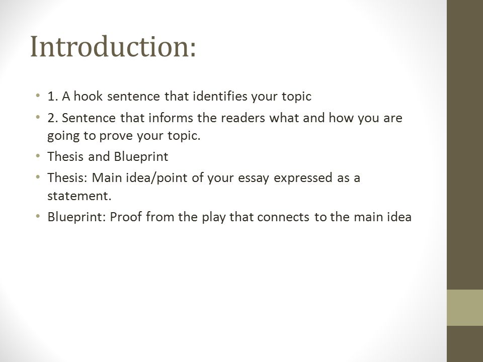 Introduction: 1. A hook sentence that identifies your topic 2.